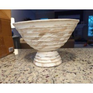 Ridged Mango Wood Footed Bowl, Brown, 5 quarts, Large